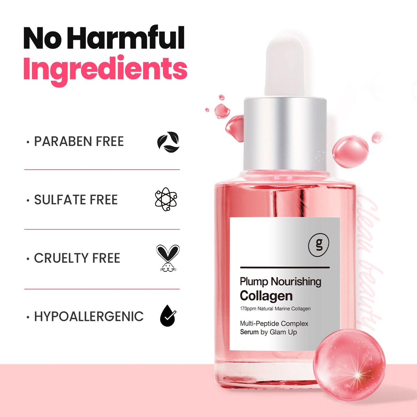 GLAM up Plump Nourishing Dive in Real Marine Collagen Serum - anti Aging with Hyaluronic Acid, Lifting,Tightening Skincare, Repair Skin with Peptide Complex Facial Serum 30Ml (1.01 Fl Oz)