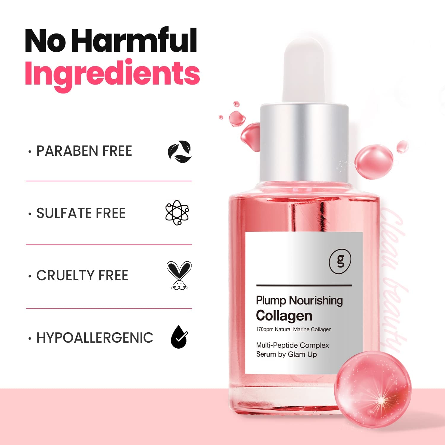 GLAM up Plump Nourishing Dive in Real Marine Collagen Serum - anti Aging with Hyaluronic Acid, Lifting,Tightening Skincare, Repair Skin with Peptide Complex Facial Serum 30Ml (1.01 Fl Oz)