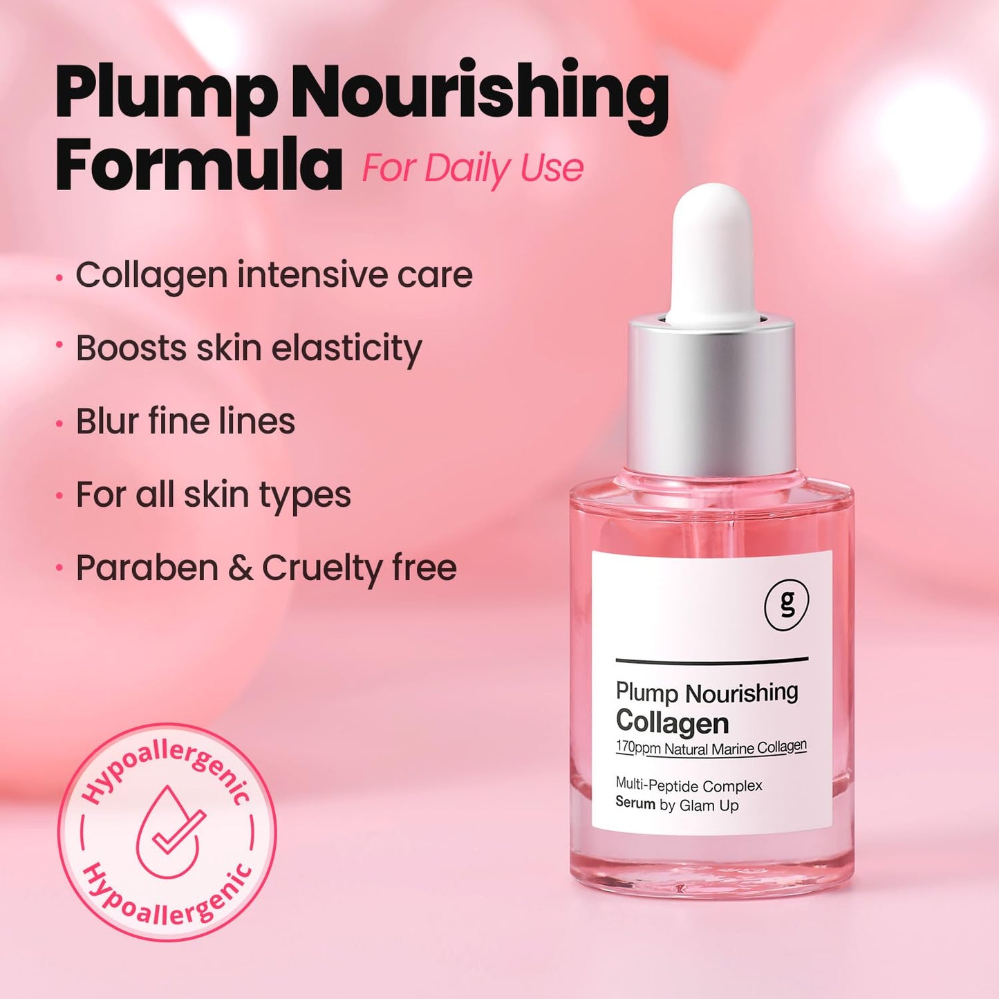 GLAM up Plump Nourishing Dive in Real Marine Collagen Serum - anti Aging with Hyaluronic Acid, Lifting,Tightening Skincare, Repair Skin with Peptide Complex Facial Serum 30Ml (1.01 Fl Oz)