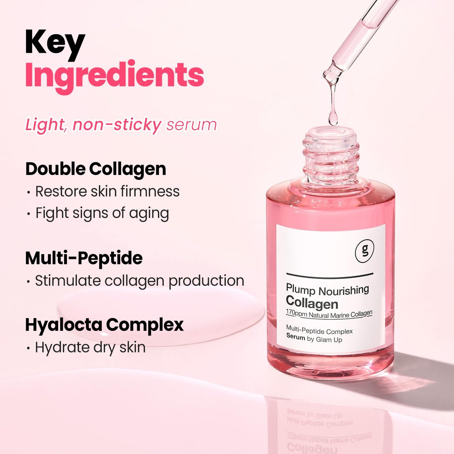 GLAM up Plump Nourishing Dive in Real Marine Collagen Serum - anti Aging with Hyaluronic Acid, Lifting,Tightening Skincare, Repair Skin with Peptide Complex Facial Serum 30Ml (1.01 Fl Oz)
